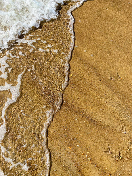 plan rapproché de la côte de mer, eau de mer claire avec des vagues peu profondes et une bande étroite de mousse blanche avec des bulles lave le rivage avec une surface de sable brun lisse - sandy brown bay beach sand photos et images de collection