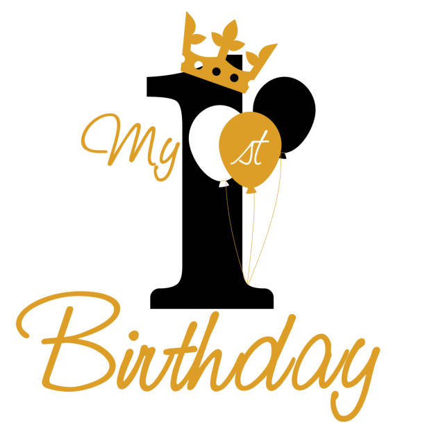 illustrazioni stock, clip art, cartoni animati e icone di tendenza di il mio primo compleanno con palloncino e corona - first birthday