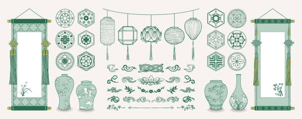 Set of hand drawn oriental elements. Asian hanging scrolls and lanterns. Ceramic vases, Traditional patterns, Oriental decorations. Vector illustrations. Hand drawn oriental elements vietnamese culture stock illustrations