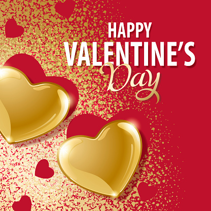 Celebrate Valentine's Day with two shiny golden heart shape pattern cut out from gold dust spraying on the red background
