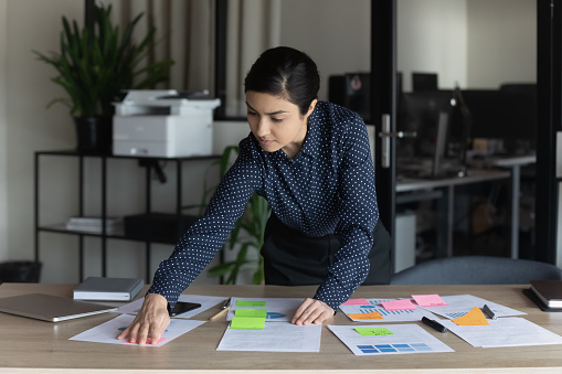 Confident Indian businesswoman working with project documents, colorful stickers, standing in office, focused employee executive analyzing financial statistics, reading notes, developing strategy