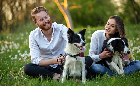 Young couple in love walking and enjoy time in park with dogs. Dog people adoption concept