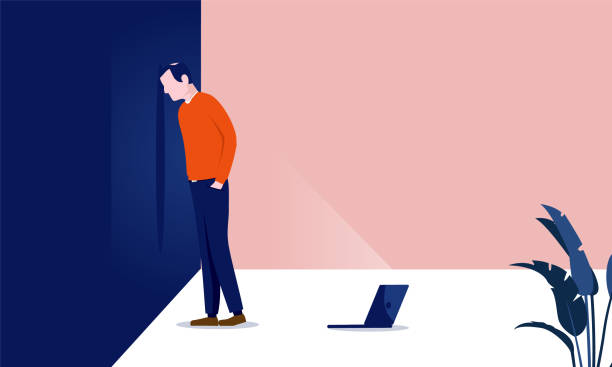 Banging head against wall - Man having a hard time trying to solve problem Frustrated person hitting head in wall, laptop on floor. Giving up, difficulty and hard work concept. Vector illustration. break down wall stock illustrations