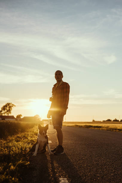 istock Man out in summer with his dog in beautiful sunset 1294824401