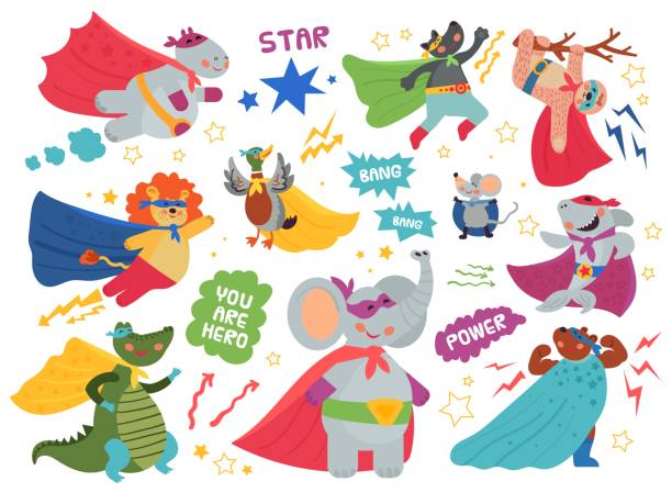Super animals characters. Cute child heroes, superman mask on crocodile lion. Happy cartoon shark wear cape, flying hippo decent vector set Super animals characters. Cute child heroes, superman mask on crocodile lion. Happy cartoon shark wear cape, flying hippo decent vector set. Illustration superhero shark and mouse, alligator and duck animal stickers stock illustrations