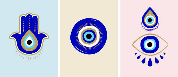 ilustrações, clipart, desenhos animados e ícones de evil eye ou símbolos de olhos turcos e ícones definidos. design moderno de amuleto e ideia de decoração de casa - evil eye beads