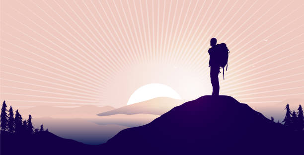 Find meaning in life - Silhouette of backpacker on hilltop Male person watching epic landscape and sunrise from top hiking stock illustrations
