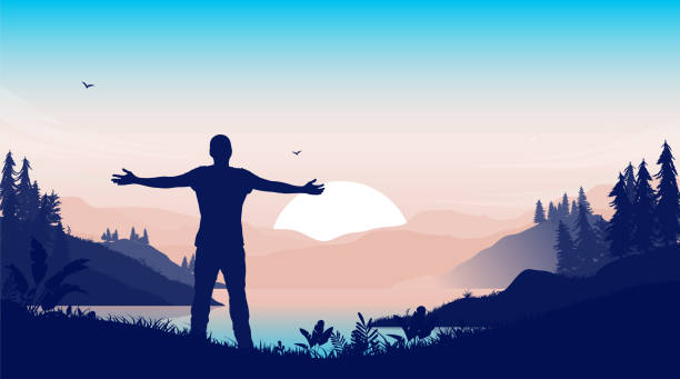 Love nature - Man standing with open arms in landscape Male person welcoming a new day in front of sea and sunrise. Vector illustration. the early bird catches the worm stock illustrations