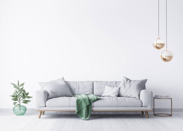 interior house with simple white background mock up. grey velvet sofa with green plaid on interior house with simple white background mock up. grey velvet sofa with green plaid on . modern space concept. 3d render. Illustration plaid couch stock pictures, royalty-free photos & images