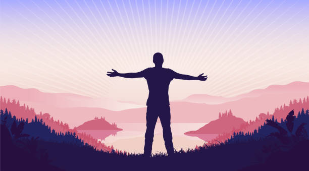ilustrações de stock, clip art, desenhos animados e ícones de spiritual growth - man standing in landscape in front of sun - freedom praying spirituality silhouette