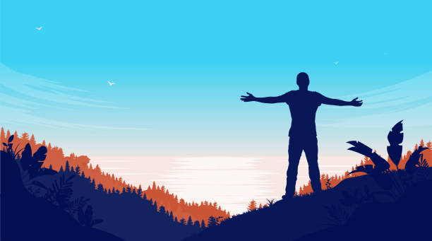 illustrations, cliparts, dessins animés et icônes de homme prenant dans la vue du paysage marin avec les bras ouverts - men silhouette arms outstretched freedom