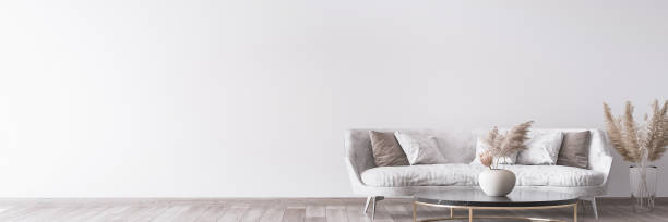 Stylish white modern living room interior, wall mockup, panorama home decor