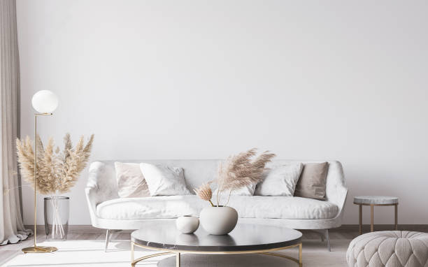 Stylish white modern living room interior, wall mockup, home decor Stylish white modern living room interior, luxury living room design with white sofa, marble coffee table and gold home accessories, wall mockup coffee table photos stock pictures, royalty-free photos & images