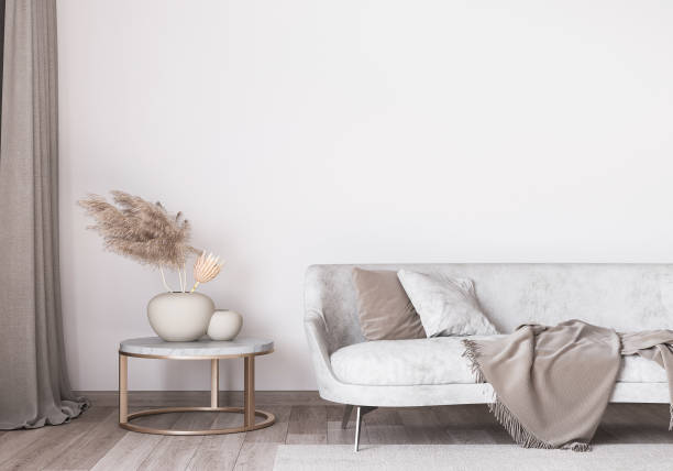 Stylish white modern living room interior, wall mockup, home decor