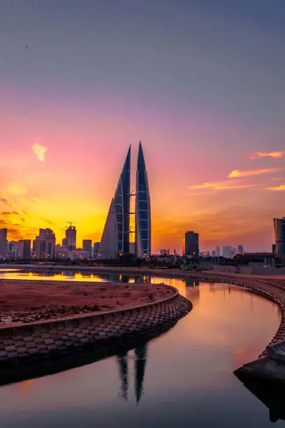 The Bahrain World Trade Center (also called Bahrain WTC, is a 240-metre-high, 50-floor, twin tower complex located in Manama, Bahrain. Morning view.