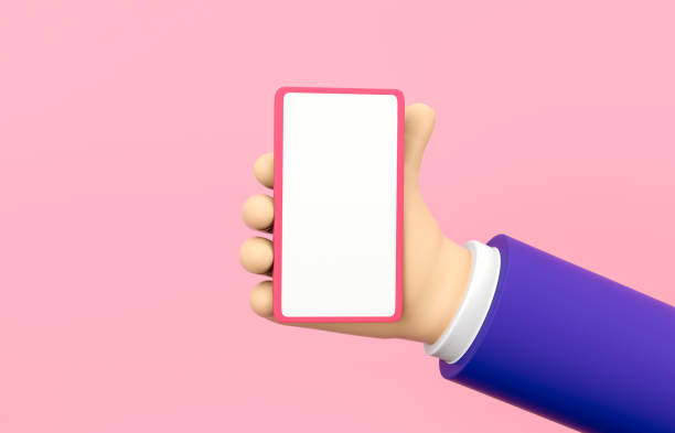 istock 3d Cartoon hand holding mobile phone with screen mockup on isolated background. 1294837794