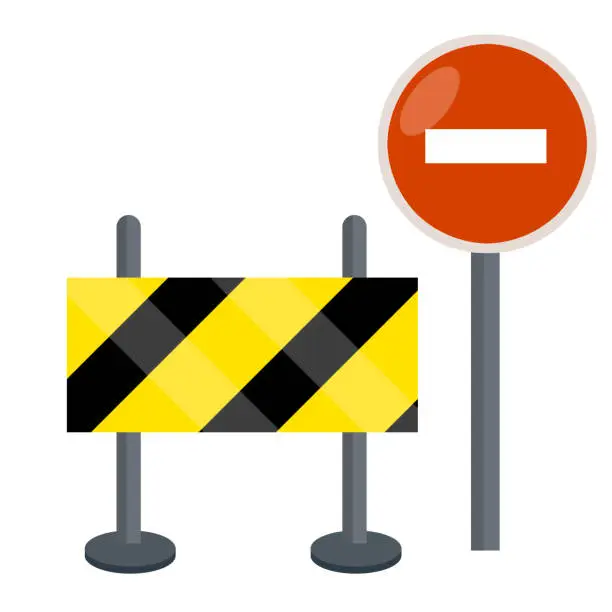 Vector illustration of Road works. No-entry sign. Closed road. Yellow plate with strip. restricted area. Cartoon flat illustration.