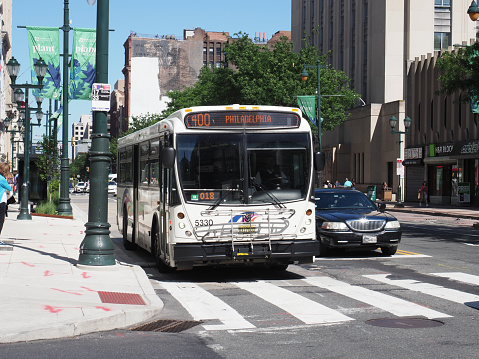 Philadelphia, USA - June 11, 2019: Image of a bus of the New Jersey Transit Corporation standing still near the intersection between market st and s 10th st in Philly.