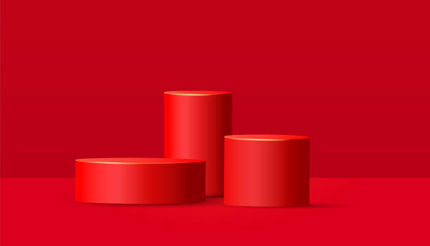 istock Color abstract mock up with cylinder podium or platform on red background. Minimal scene with geometrical forms for product presentation. Vector illustration 1294840246
