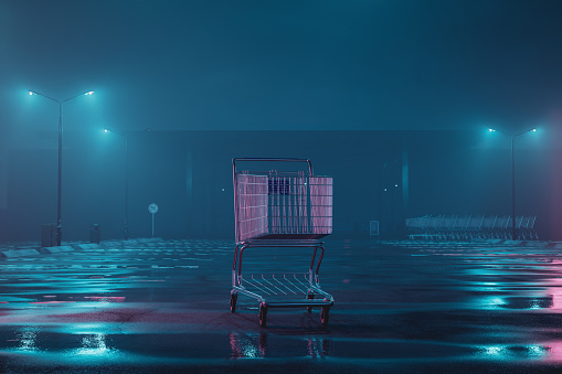 3d rendering of illuminated shopping trolley at abandoned foggy parking space
