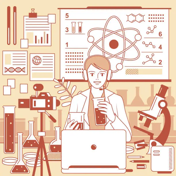 Vector illustration of Young female teacher (Scientist, Biochemist) with headphones is remotely teaching science (online class and scientific experiment) using laptop and camera and whiteboard at laboratory (classroom), e-learning and telecommuting concept