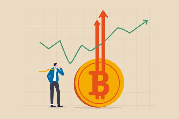 Vector illustration of Bitcoin BTC price soaring sky high hit new high record concept, businessman investor look high at rising up arrows from Bitcoin symbol with green chart and graph.