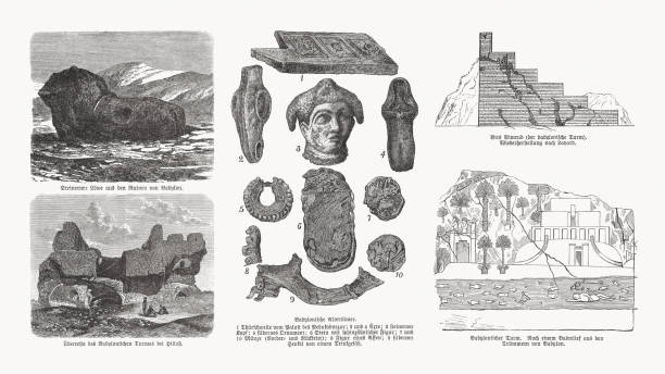 ilustraciones, imágenes clip art, dibujos animados e iconos de stock de hallazgos arqueológicos de babilonia, mesopotamia, grabados en madera, publicados en 1893 - torre de babel