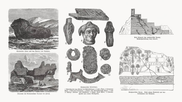 Archaeological finds from Babylonia, Mesopotamia, wood engravings, published in 1893 Archaeological finds from Babylonia - an ancient Akkadian-speaking state and cultural area based in central-southern Mesopotamia (present-day Iraq and Syria). The heyday was between 1800 and 140 BC. Left: top) Stone lion from the ruins of Babylon, above) Remains of the Babylonian Tower near Hillah. Center: 1) Doorstep from the palace of Nebuchadnezzar, 2 + 4) Axes, 3) Stone head, 5) Silver ornament, 6) Stone with a Sphynx-like figure, 7 + 10) Front and back of a coin, 8) Figure of a monkey, 9) Silver handle of a drinking vessel. Right: top) Birs Nimrud (Borsippa) - the Babylonian tower (visual reconstruction after Layard), above) Babylonian Tower (after a bas-relief from the ruins of Babylon). Explanations in German. Wood engravings, published in 1893. tower of babel stock illustrations