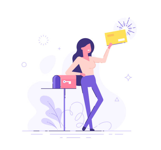 glückliche frau bekam einen wichtigen brief. eine hübsche geschäftsfrau oder managerin steht in der nähe des briefkastens und hält einen umschlag in der hand. moderne vektor-illustration. - mailbox mail symbol box stock-grafiken, -clipart, -cartoons und -symbole