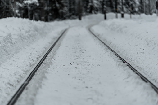 Railroad tracks covered in snow in the middle of winter.