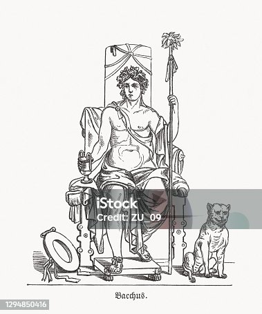 istock Bacchus (Greek: Dionysus) - Roman god of vine, wood engraving, published in 1893 1294850416
