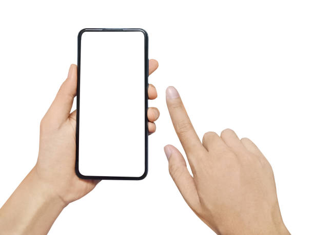 istock Man hand holding smartphone isolated on white background. Blank white screen for your text. 1294851756