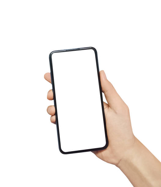 istock Man hand holding smartphone isolated on white background. Use the touch screen finger smartphone. 1294851768