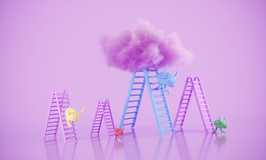 Symbolic abstract brains climbing stairs to the clouds, symbolizing success, career growth, variation concepts. (3d render)