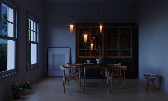 Modern simple room interior with book shelf and table, night scene. ( 3d render )
