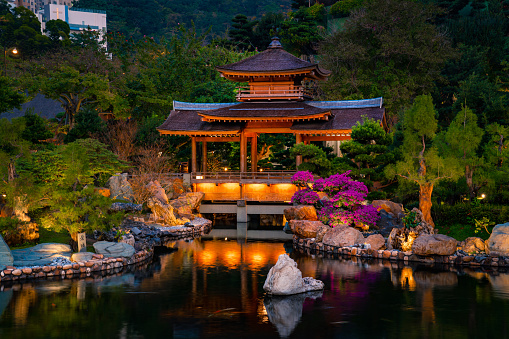 Oriental pavilion and pond in Nan Lian garden, Hong Kong