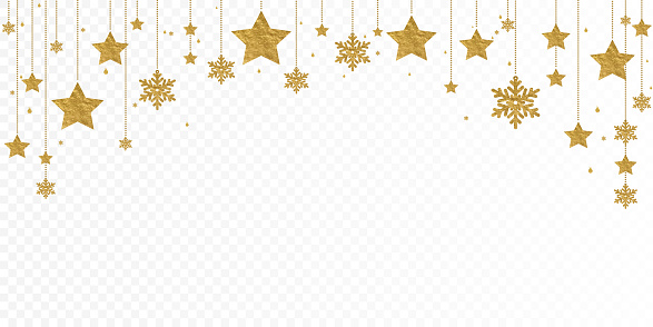 Golden Christmas decoration isolated on a white background. Hanging stars, balls, Christmas trees and gingerbread. Festive decor element for headers, banners and party posters.