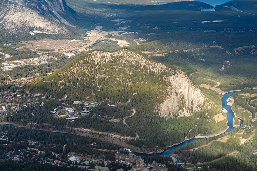 Aerial view of Tunnel Mountain and Town of Banff. Banff National Park, Canadian Rockies, Alberta, Canada.