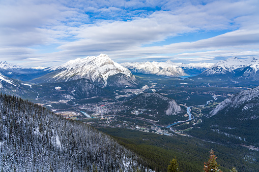 Overlook view Town of Banff, Cascade Mountain and surrounding snow-covered Canadian Rocky Mountains in early winter time. Banff National Park, Alberta, Canada.