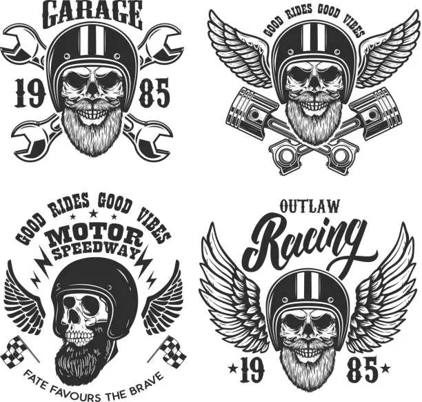 Vector illustration of Set of the emblems with bearded skull in racer helmet with wings. Design element for label, sign, emblem, poster, t shirt. Vector illustration