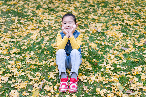 Little Girl Sitting on the Grass Covered with Leaves