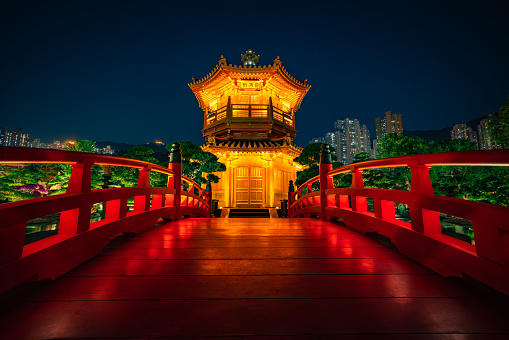 The golden Pavilion of Absolute Perfection in Nan Lian Garden, Chi Lin Nunnery, a large Buddhist temple in Diamond Hill, Kowloon, Hong Kong