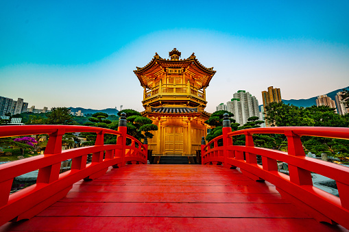 The golden Pavilion of Absolute Perfection in Nan Lian Garden, Chi Lin Nunnery, a large Buddhist temple in Diamond Hill, Kowloon, Hong Kong