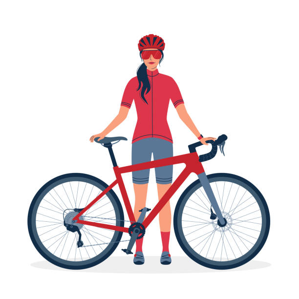 illustrations, cliparts, dessins animés et icônes de la jeune femme se tient avec un vélo de gravier. cycliste dans l’uniforme, les lunettes et le casque avec un vélo de sport. illustration réaliste de vecteur d’isolement sur le blanc - wheel training sports training bicycle