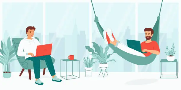 Vector illustration of Young men work with a laptop in an open office, coworking space. Employees sit in an armchair and lie in a hammock while working. Gay family works, studies remotely from home. Vector illustration