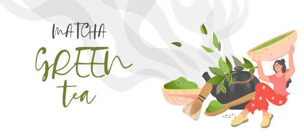 Vector illustration of Matcha green tea banner or flyer design with female character, flat vector illustration.