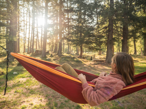 istock Woman relaxes in hammock at sunset 1294866888