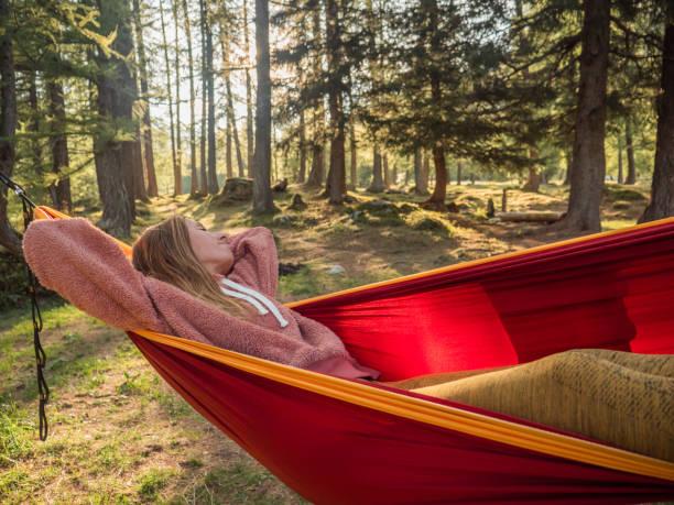istock Woman relaxes in hammock at sunset 1294866996