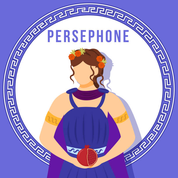 Greek mythology queen of underworld color vector poster design Greek mythology queen of underworld color vector poster design. 2D cartoon Persephone glyph posture on background with linear drawn traditional concept. Goddess of vegetation illustration remarkable hell stock illustrations