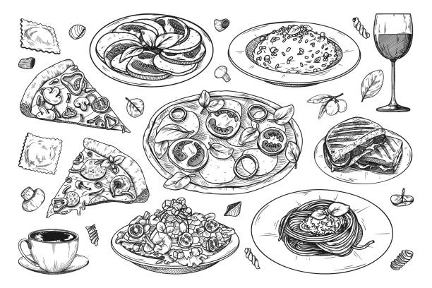 Set of different Italian dishes. Pizza, spaghetti, risoto and other popular Italian dishes. Vector illustration Set of different Italian dishes. Pizza, spaghetti, risoto and other popular Italian dishes. Vector illustration meat drawings stock illustrations